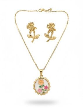 Gold Tone Stainless Steel Floral Pendant Necklace and Rose Stud Earrings Set